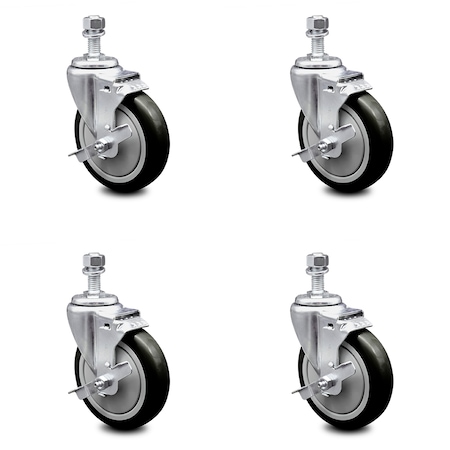Service Caster 5 Inch Black Polyurethane Swivel 1/2 Inch Threaded Stem Caster Set with Brake SCC SCC-TS20S514-PPUB-BLK-TLB-121315-4
